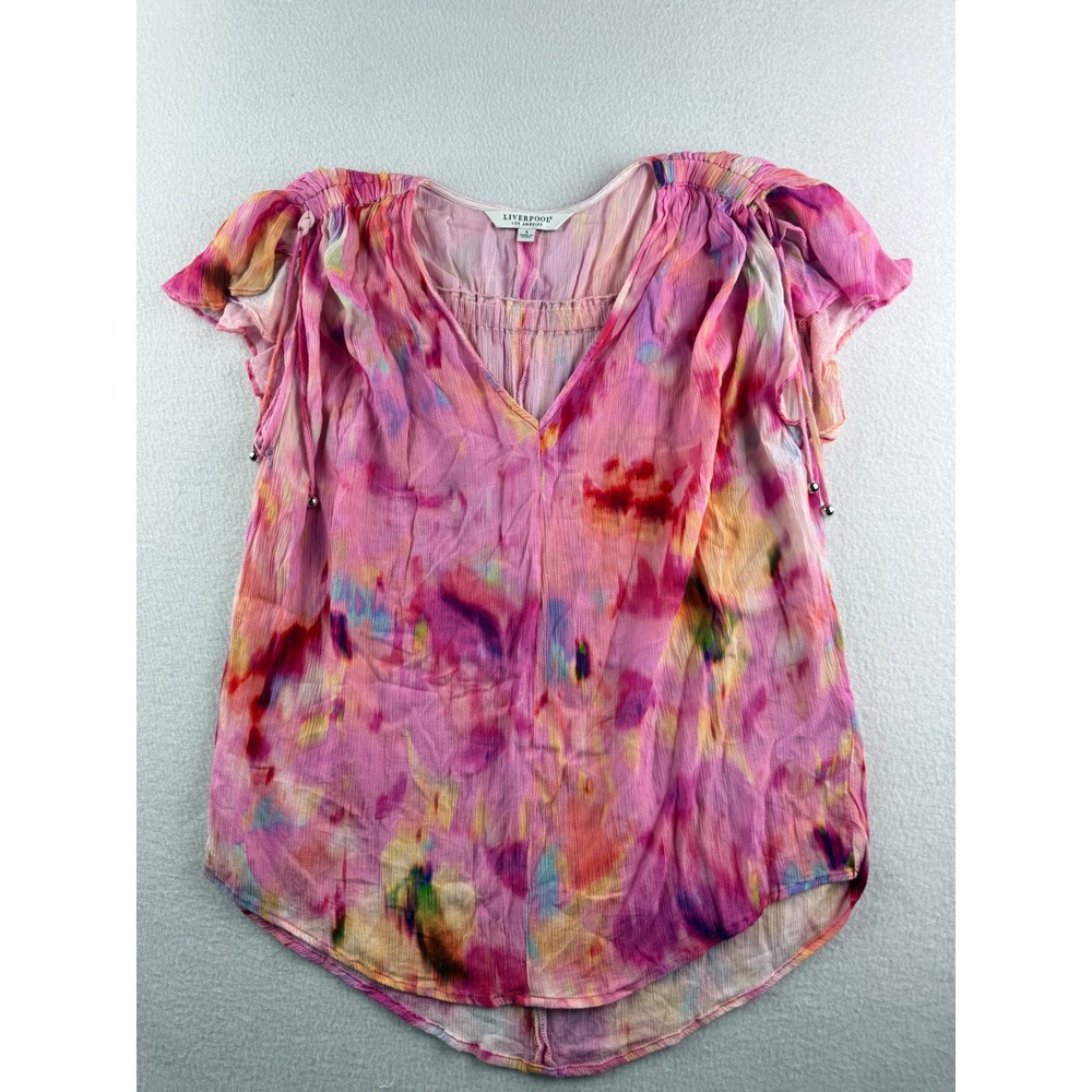 Liverpool Los Angeles Pink Watercolor Tie Dye V-Neck Flutter Sleeve Blouse Small